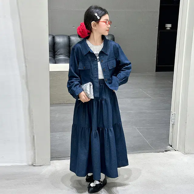 儿童款 木木兔裙装套装 时髦洋气秋季女童裙子 大童 学院风牛仔裙两件套 柔软百搭潮流青春时尚