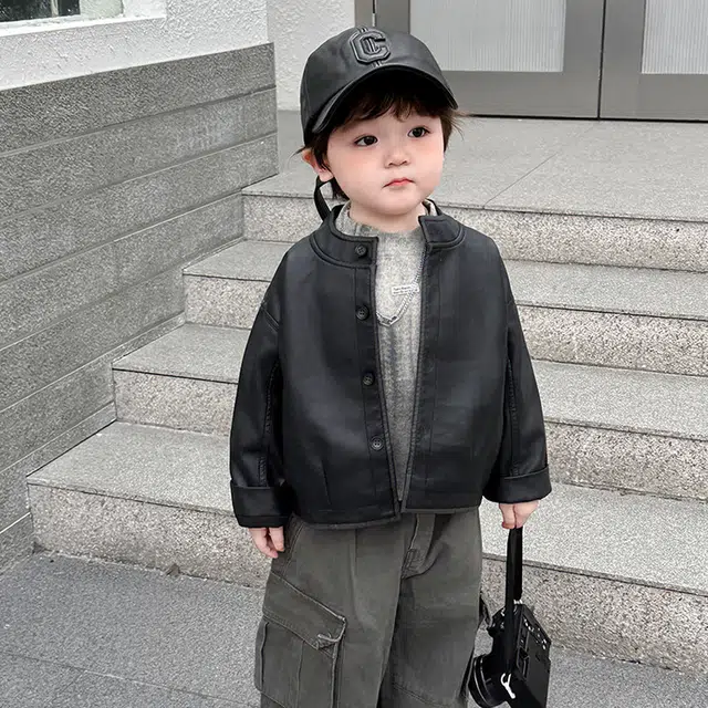 木木兔夹克 潮流时尚男童秋季外套 潮酷百搭时髦洋气宽松舒适街头风  男孩圆领皮衣 青少年