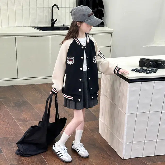 木木兔棒球服 青春潮流时尚女大童外套 潮范学院风宽松舒适秋季简约百搭休闲运动字母洋气 儿童款