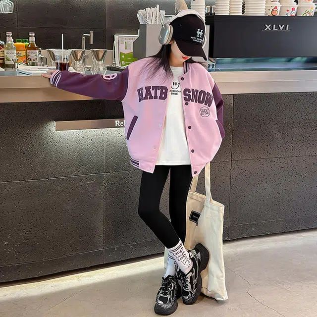 木木兔 棒球服 青春时尚女童外套学院风 宽松舒适 秋季简约百搭 拼色休闲运动字母 潮流洋气 青少年