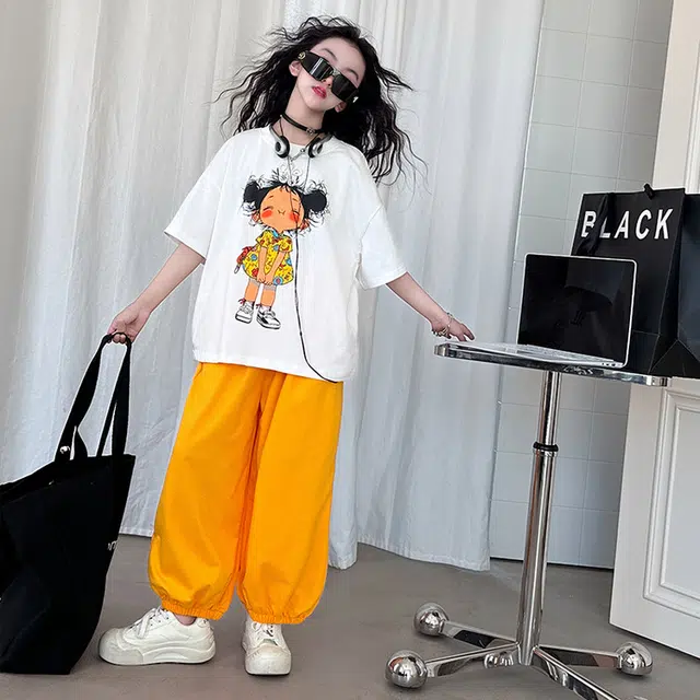 木木兔休闲运动套装 时髦洋气夏季潮流时尚女孩美式宽松舒适中大童灯笼裤两件套