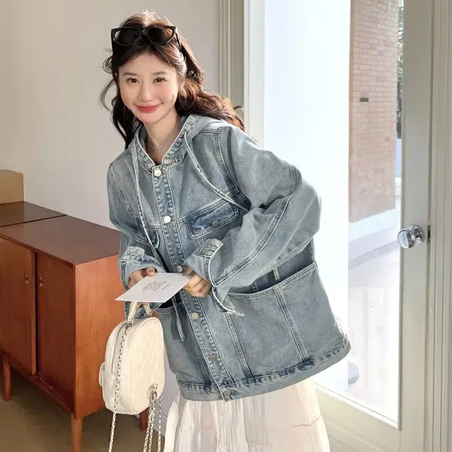 木木兔 潮流时尚秋季女装 美式做旧百搭大码宽松夹克潮情侣同款牛仔外套 女款