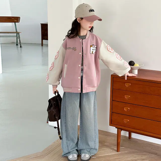 木木兔 棒球服 青春时尚女童秋季外套 学院风宽松舒适 简约百搭休闲字母 潮流洋气拼色 青少年