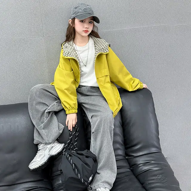 木木兔夹克 潮流时尚女童秋季外套 学生百搭休闲 宽松连帽 两面穿  户外防风 中大童初中生 时髦洋气 青少年