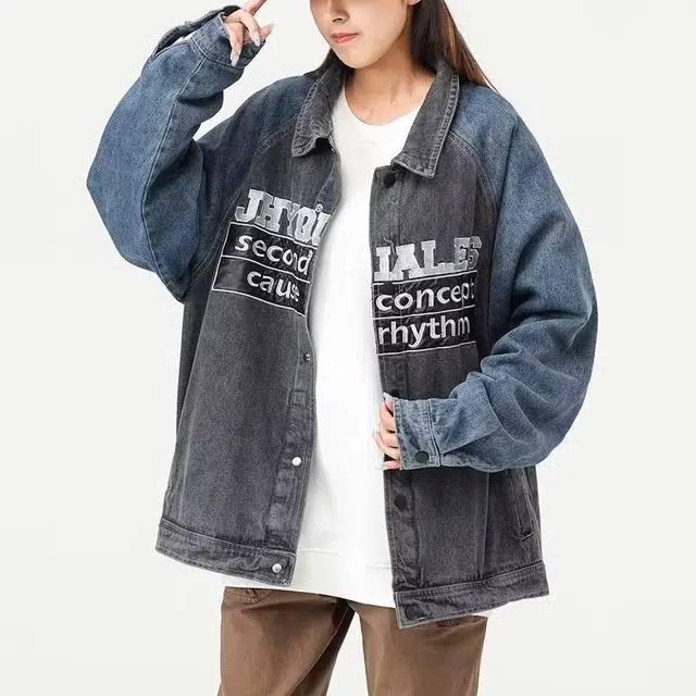 木木兔 潮流时尚秋季 大码 情侣装 拼接撞色夹克男宽松百搭翻领休闲牛仔外套 男女同款