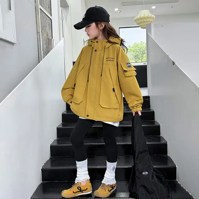 木木兔夹克 潮流时尚女童秋冬季外套 学生百搭休闲 加绒加厚 户外防风宽松连帽 中大童初中生 时髦洋气 青少年