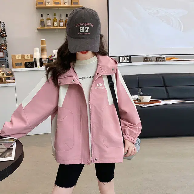 木木兔夹克 潮流时尚女童秋季外套 学生百搭休闲 美式字母大口袋宽松连帽 初中生 时髦女孩洋气 青少年