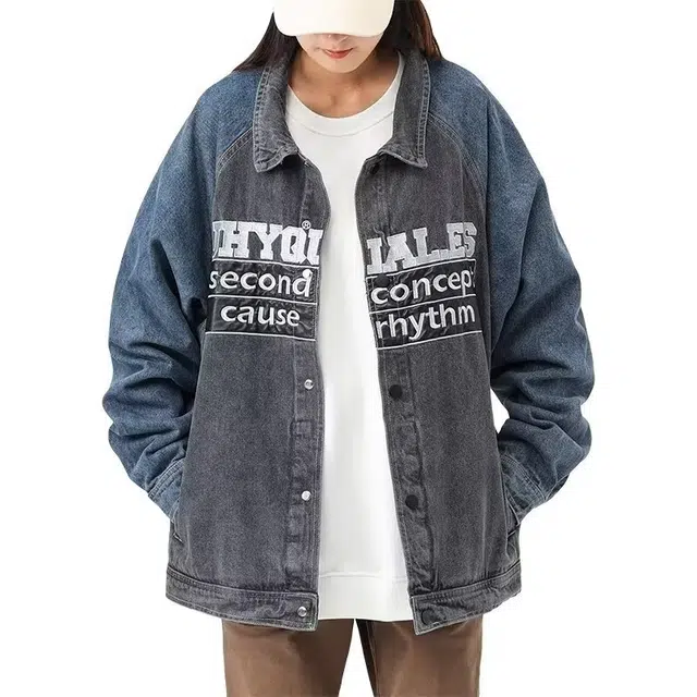 木木兔 潮流时尚秋季 大码 情侣装 拼接撞色夹克男宽松百搭翻领休闲牛仔外套 男女同款