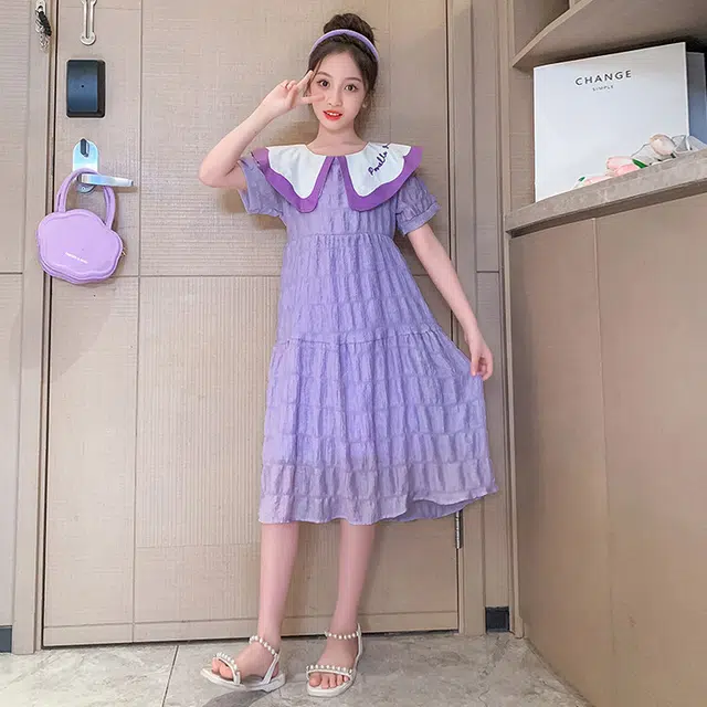 木木兔连衣裙 时髦洋气中大童夏季时尚女孩刺绣娃娃领裙子