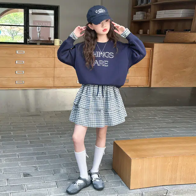 儿童款 木木兔裙装套装 时髦洋气秋季女童裙子 大童 学院风甜美格子裙两件套 柔软百搭潮流青春时尚