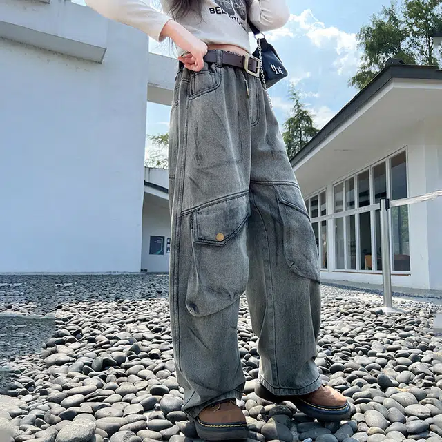木木兔 牛仔裤  时髦洋气夏季工装裤休闲百搭中大童男女孩宽松舒适直筒裤