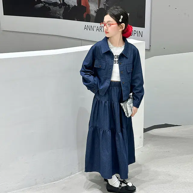 儿童款 木木兔裙装套装 时髦洋气秋季女童裙子 大童 学院风牛仔裙两件套 柔软百搭潮流青春时尚