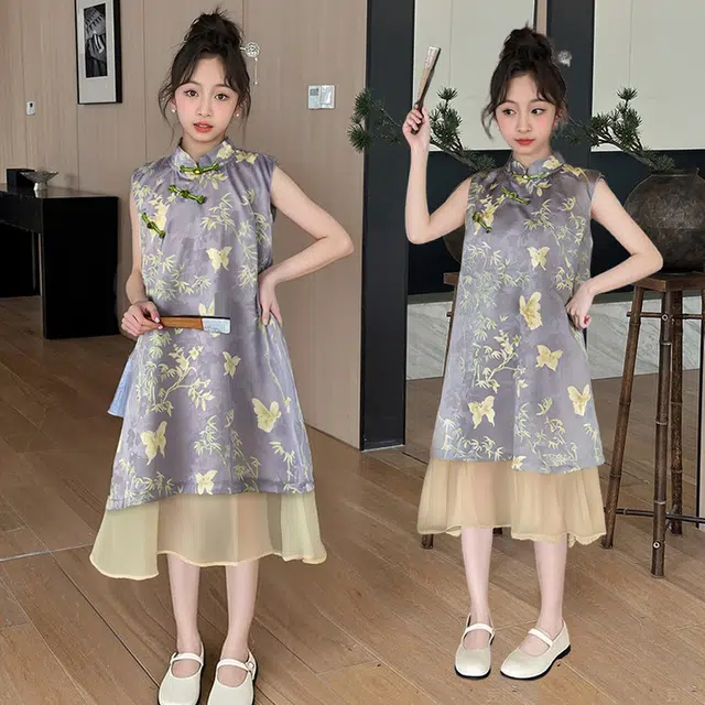木木兔连衣裙 时髦洋气夏季薄款宽松舒适中大童时尚百搭女孩新中式无袖裙子