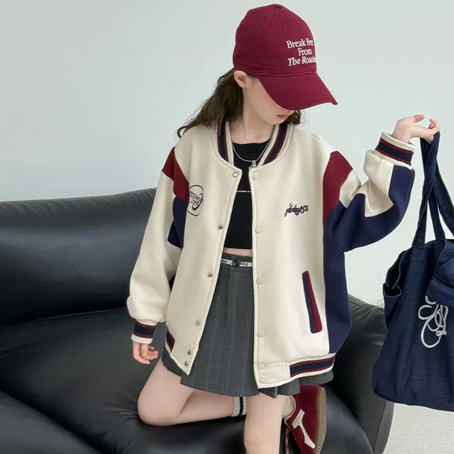 木木兔 棒球服 青春时尚女大童外套学院风宽松舒适秋季简约百搭休闲运动字母绣花潮流洋气 青少年