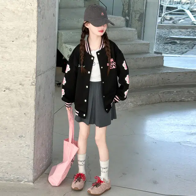 木木兔 棒球服 青春时尚女童秋季外套 学院风 宽松舒适 简约百搭休闲 潮流洋气 青少年