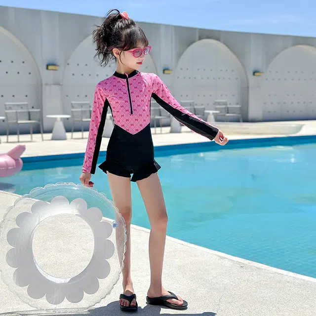 木木兔 夏季时髦洋气时尚女孩中大童初中生游泳学生少女连体长袖泳装泳衣裤 儿童款