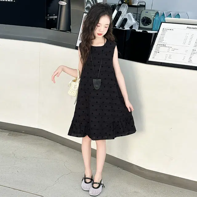木木兔连衣裙 时髦洋气夏季薄款宽松舒适中大童时尚百搭女孩无袖波点裙子