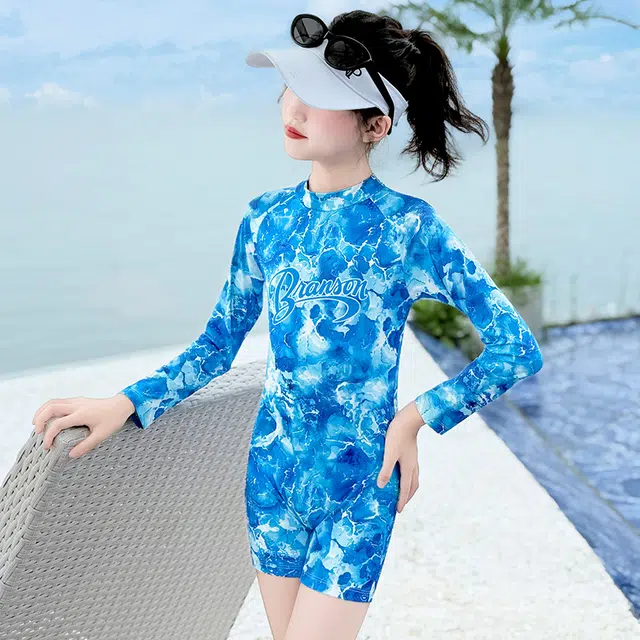 木木兔 夏季时髦洋气时尚女孩中大童初中生游泳学生少女度假风连体泳装泳衣裤 儿童款