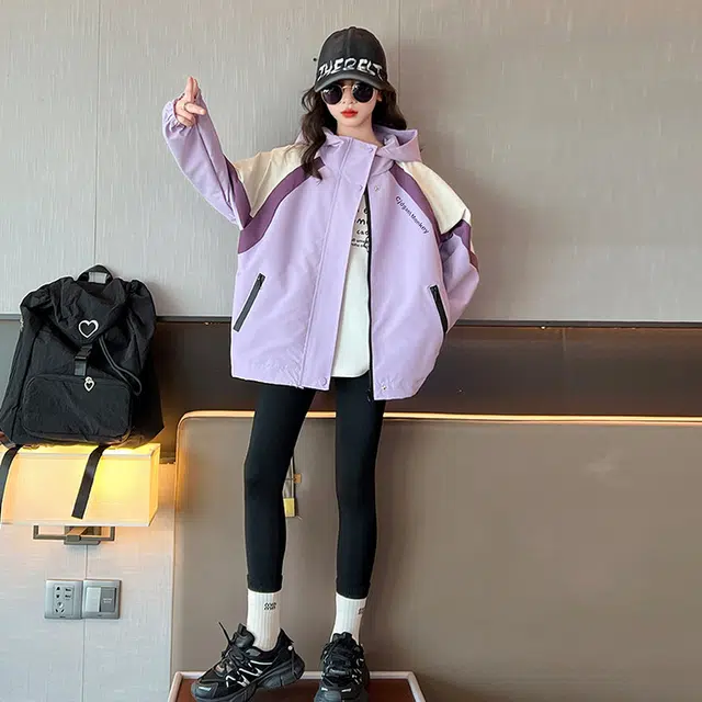 木木兔夹克 潮流时尚女童秋季外套 学生百搭休闲 三色拼接 宽松连帽 帅气 中大童 女孩 时髦洋气 青少年
