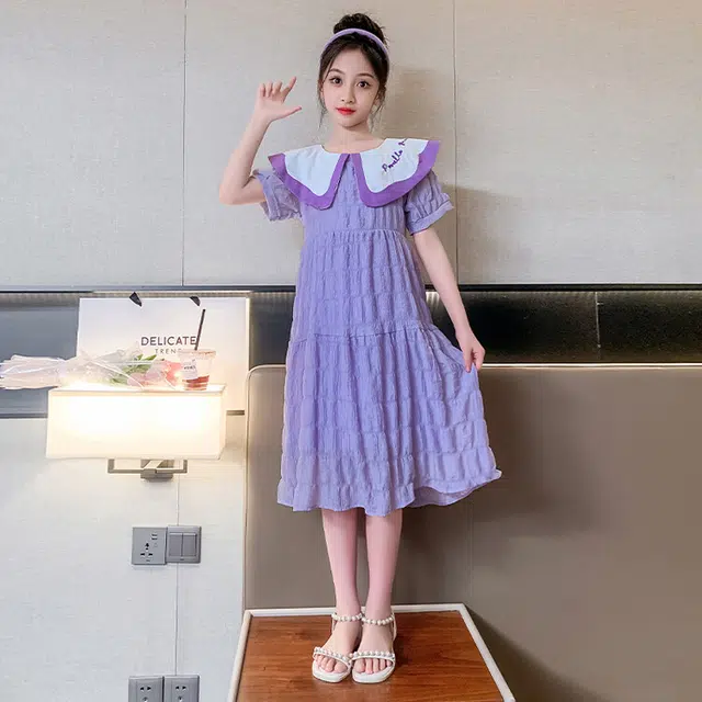 木木兔连衣裙 时髦洋气中大童夏季时尚女孩刺绣娃娃领裙子