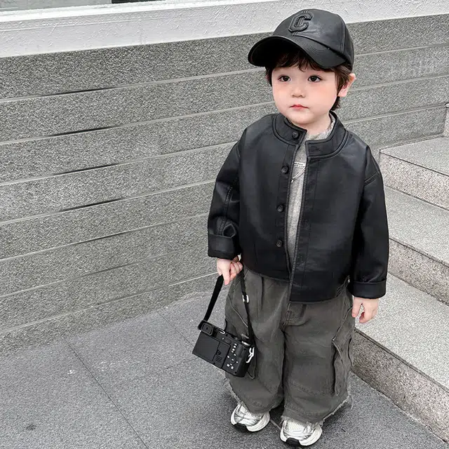 木木兔夹克 潮流时尚男童秋季外套 潮酷百搭时髦洋气宽松舒适街头风  男孩圆领皮衣 青少年