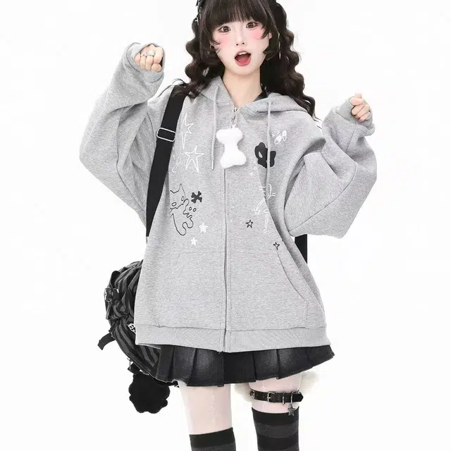 木木兔 潮流时尚秋季外套 情侣装 潮美式卡通连帽拉链开衫上衣潮卫衣 男女同款