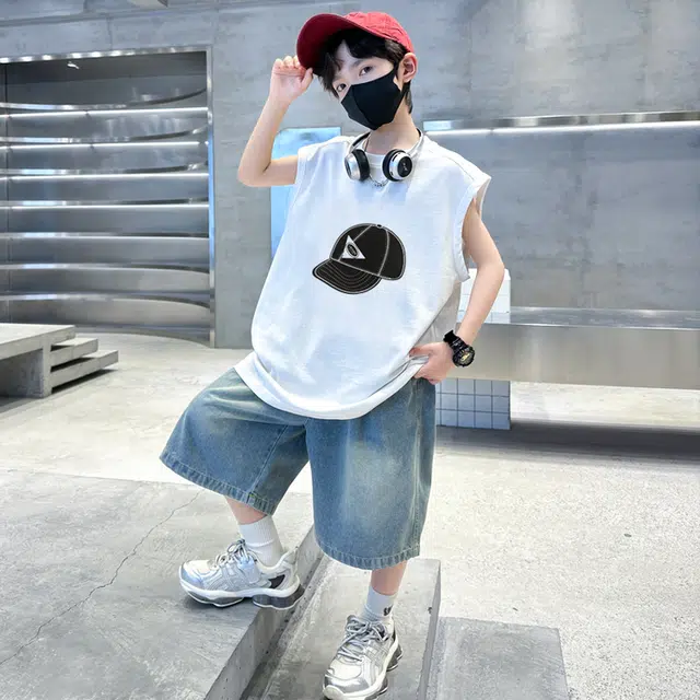 木木兔休闲运动套装 时髦洋气无袖背心牛仔裤时尚男孩宽松舒适两件套 儿童款