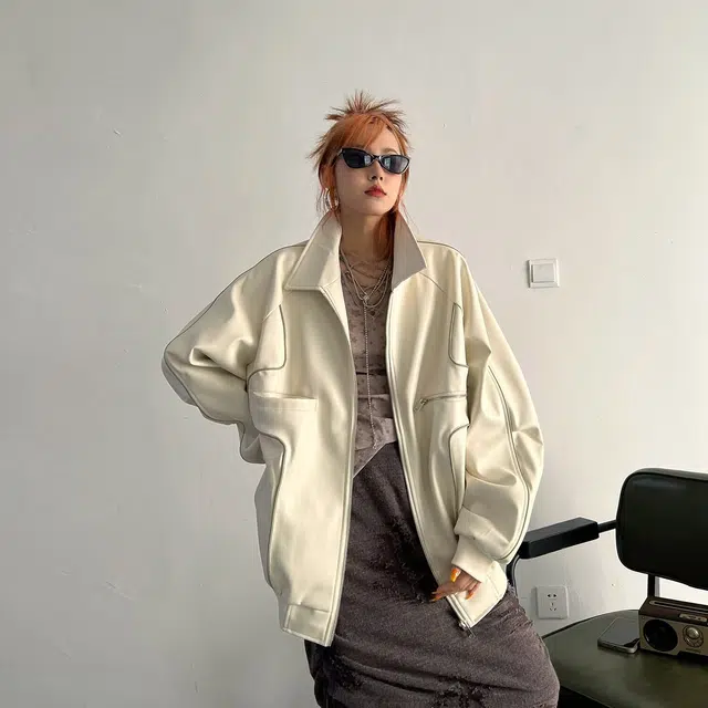 木木兔 潮流时尚秋季外套 大码情侣装 简约百搭 宽松美式皮痞帅高级感拉链夹克 男女同款