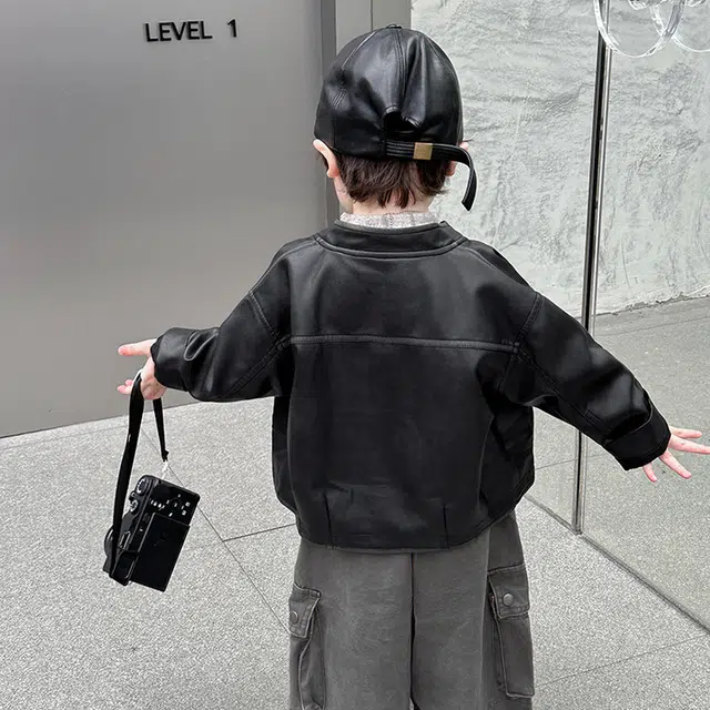 木木兔夹克 潮流时尚男童秋季外套 潮酷百搭时髦洋气宽松舒适街头风  男孩圆领皮衣 青少年