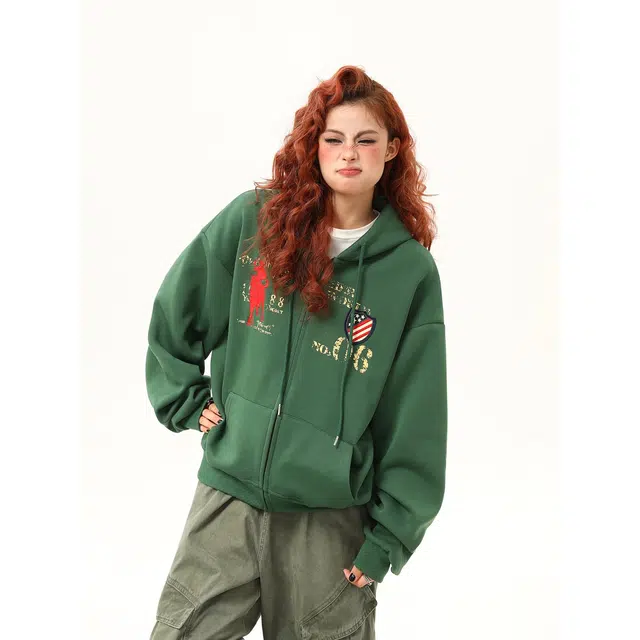 木木兔 潮流时尚秋季外套  情侣装 宽松美式复古字母连帽开衫卫衣 女款