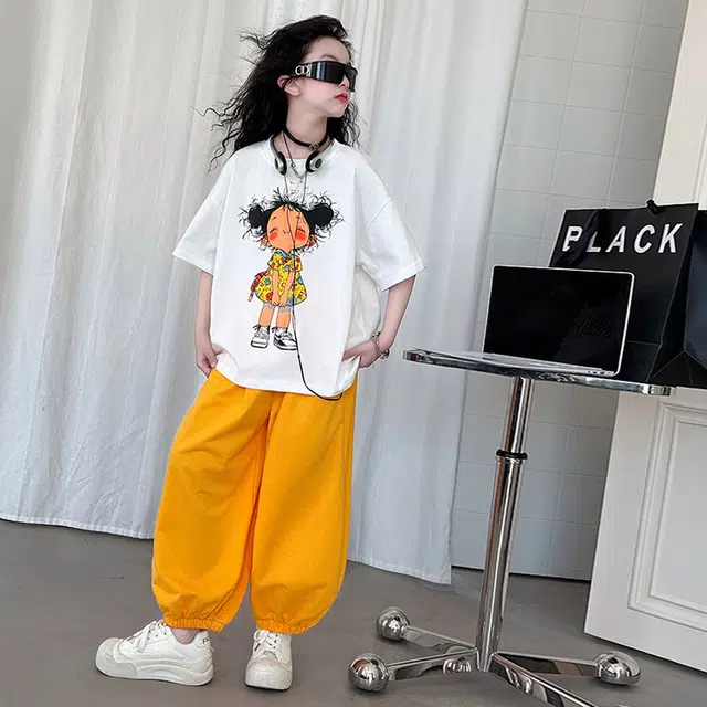 木木兔休闲运动套装 时髦洋气夏季潮流时尚女孩美式宽松舒适中大童灯笼裤两件套