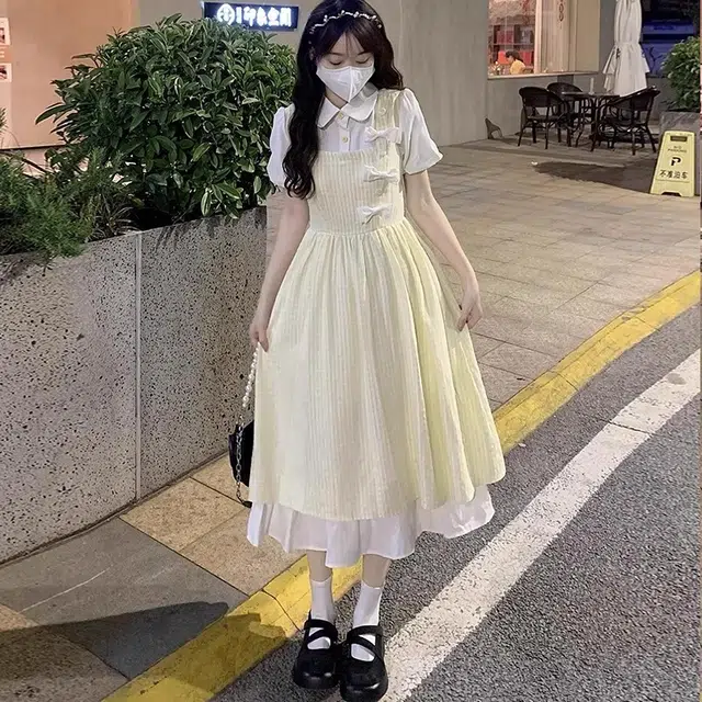 木木兔 潮流时尚日系文艺学院风夏季可爱甜美小清新气质淑女裙子收腰显瘦短袖连衣裙 女款