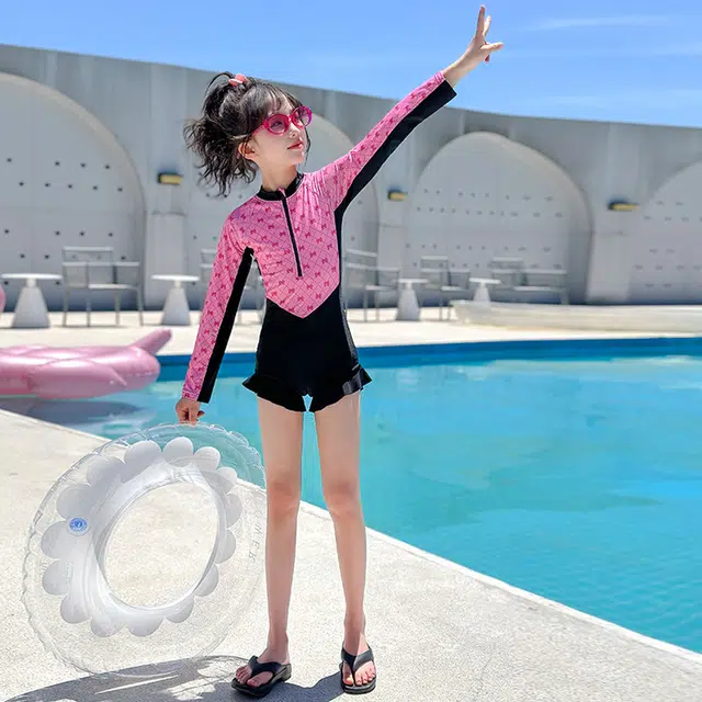 木木兔 夏季时髦洋气时尚女孩中大童初中生游泳学生少女连体长袖泳装泳衣裤 儿童款