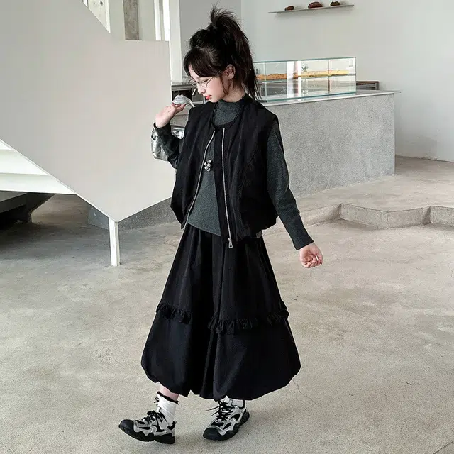 儿童款 木木兔裙装套装 时髦洋气秋季女童裙子 大童 学院风工装马甲花苞裙三件套 柔软百搭潮流青春时尚