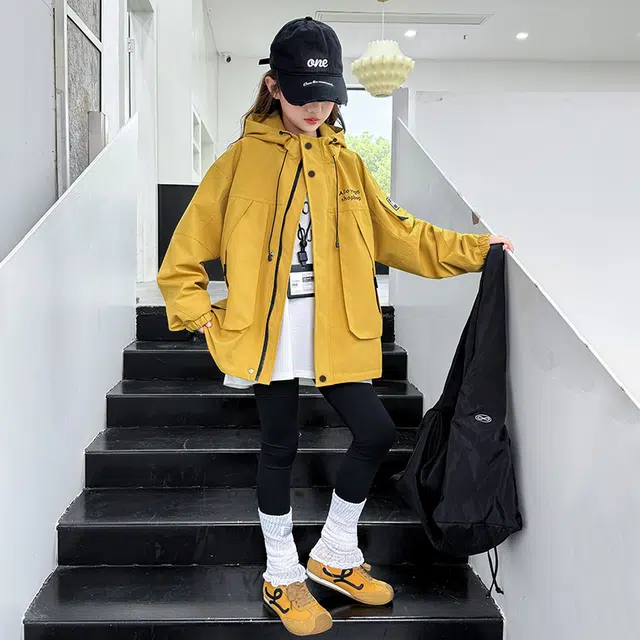 木木兔夹克 潮流时尚女童秋冬季外套 学生百搭休闲 加绒加厚 户外防风宽松连帽 中大童初中生 时髦洋气 青少年