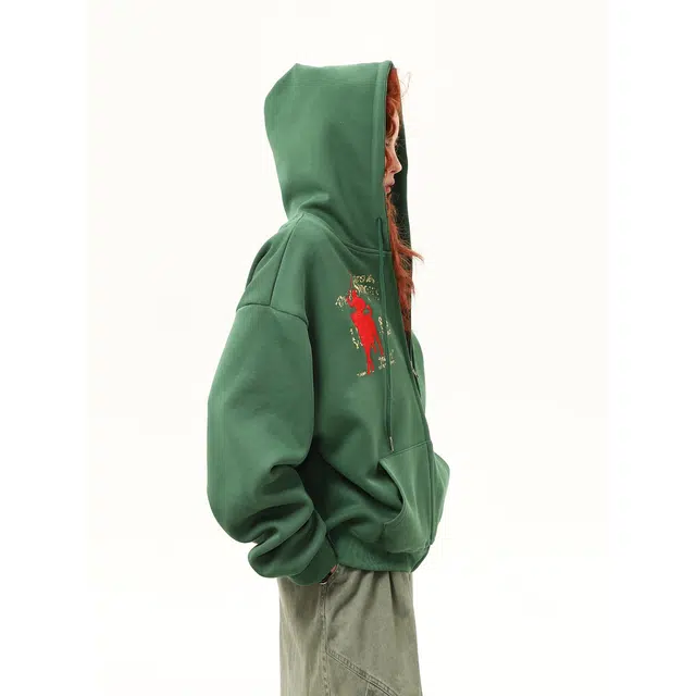 木木兔 潮流时尚秋季外套  情侣装 宽松美式复古字母连帽开衫卫衣 女款