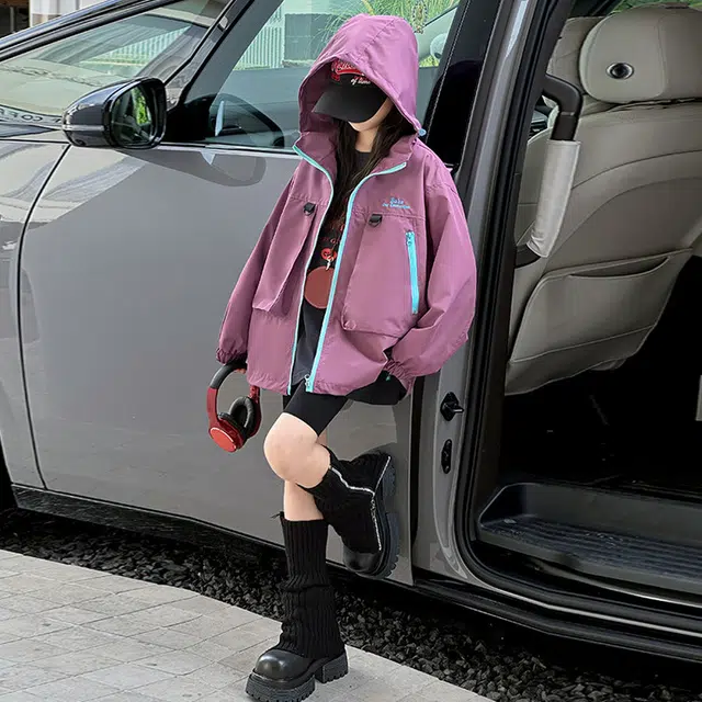 木木兔夹克 潮流时尚女童秋季外套 学生百搭休闲 工装风 户外防风 宽松连帽 中大童初中生 女孩时髦洋气 青少年