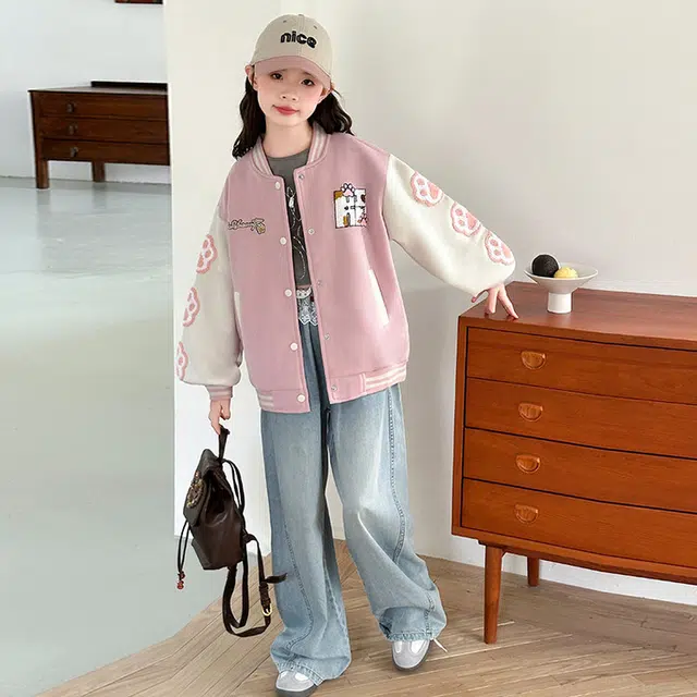 木木兔 棒球服 青春时尚女童秋季外套 学院风宽松舒适 简约百搭休闲字母 潮流洋气拼色 青少年