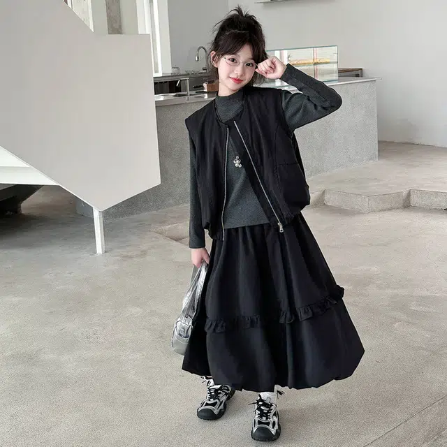 儿童款 木木兔裙装套装 时髦洋气秋季女童裙子 大童 学院风工装马甲花苞裙三件套 柔软百搭潮流青春时尚