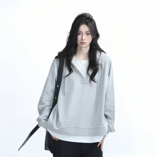 木木兔 潮流时尚秋季  情侣装 大码 美式简约叠穿假两件连帽春秋宽松休闲慵懒男上衣潮卫衣 女款