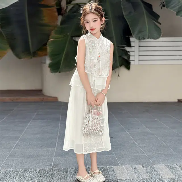 木木兔休闲运动套装 时髦洋气无袖新中式时尚女孩宽松舒适国风裙裤两件套