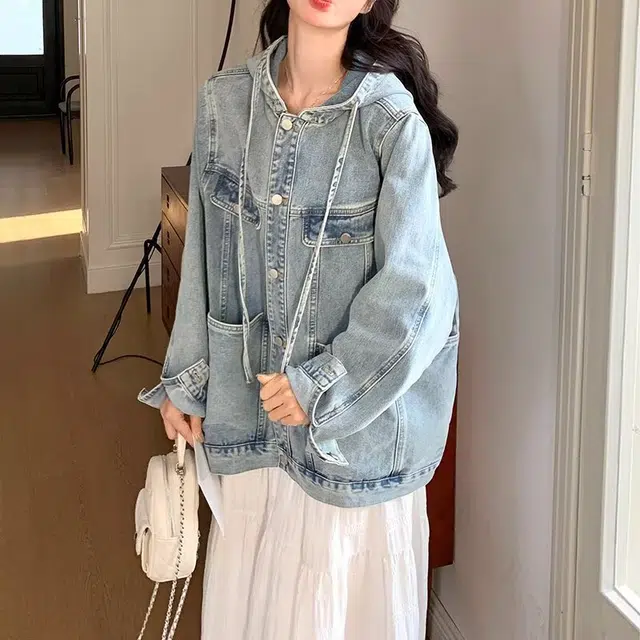 木木兔 潮流时尚秋季女装 美式做旧百搭大码宽松夹克潮情侣同款牛仔外套 女款