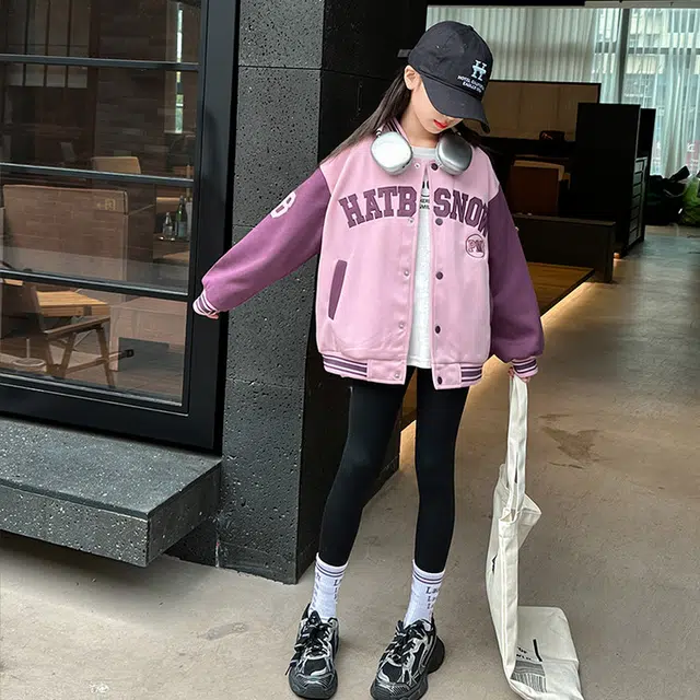 木木兔 棒球服 青春时尚女童外套学院风 宽松舒适 秋季简约百搭 拼色休闲运动字母 潮流洋气 青少年