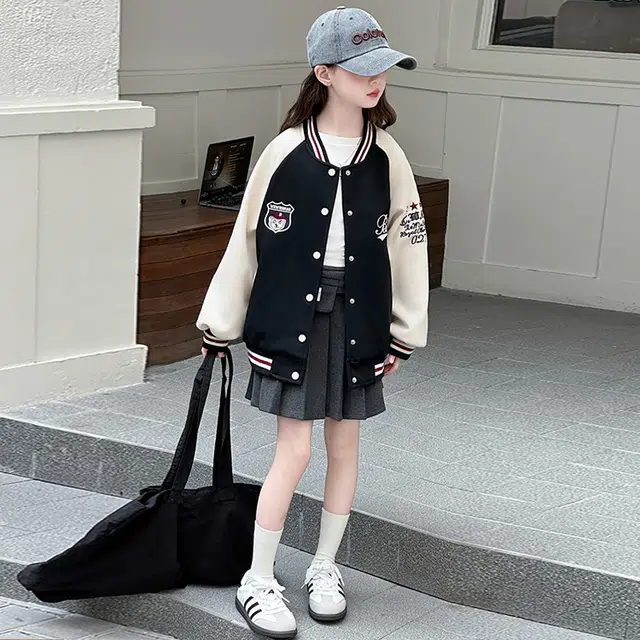 木木兔棒球服 青春潮流时尚女大童外套 潮范学院风宽松舒适秋季简约百搭休闲运动字母洋气 儿童款