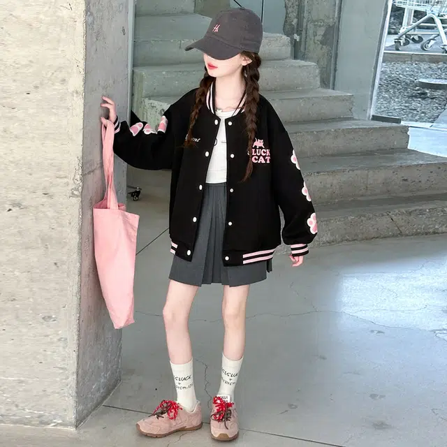 木木兔 棒球服 青春时尚女童秋季外套 学院风 宽松舒适 简约百搭休闲 潮流洋气 青少年