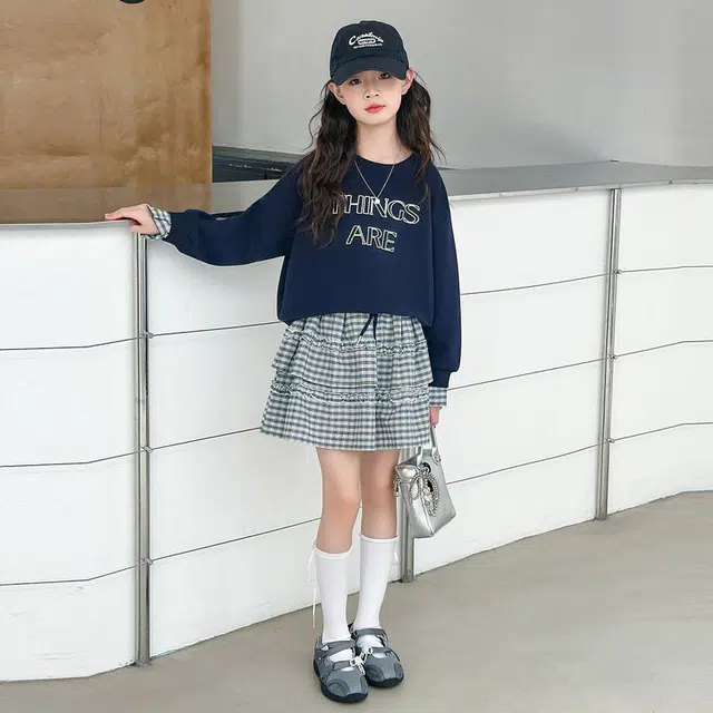 儿童款 木木兔裙装套装 时髦洋气秋季女童裙子 大童 学院风甜美格子裙两件套 柔软百搭潮流青春时尚