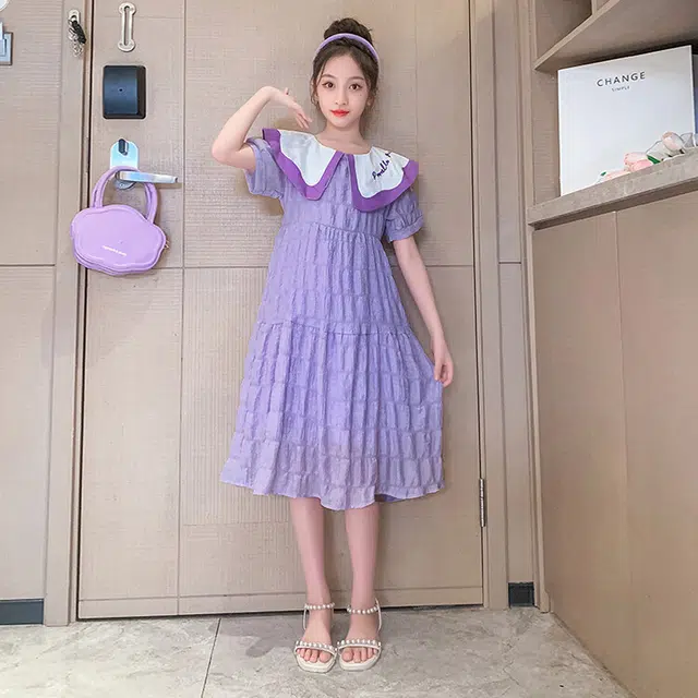 木木兔连衣裙 时髦洋气中大童夏季时尚女孩刺绣娃娃领裙子