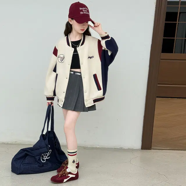 木木兔 棒球服 青春时尚女大童外套学院风宽松舒适秋季简约百搭休闲运动字母绣花潮流洋气 青少年