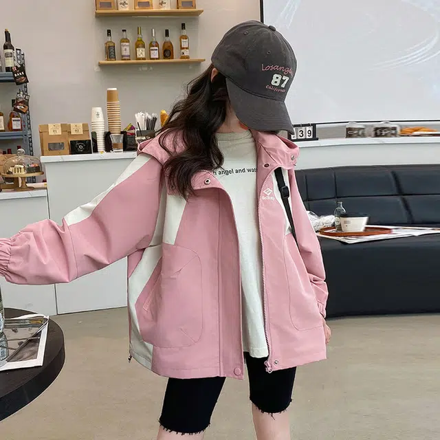 木木兔夹克 潮流时尚女童秋季外套 学生百搭休闲 美式字母大口袋宽松连帽 初中生 时髦女孩洋气 青少年