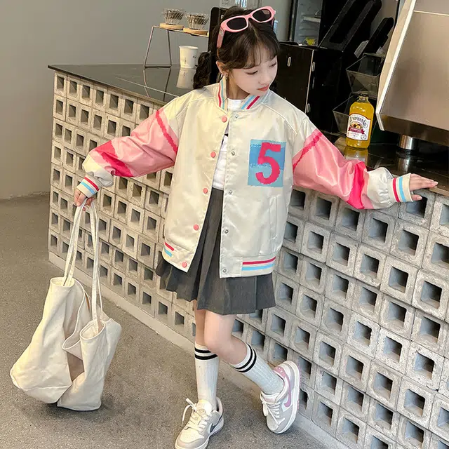 木木兔 棒球服 青春时尚 女大童外套学院风宽松舒适春秋季 简约百搭休闲运动 字母拼色潮流洋气 青少年